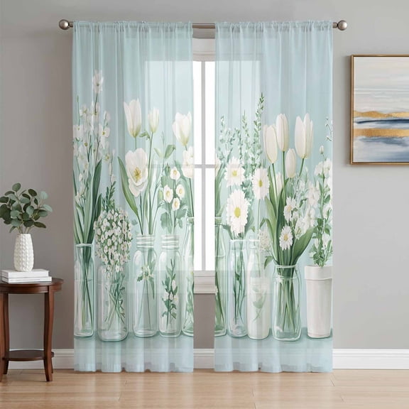 Spring Floral Sheer Curtains 96 Inch Length 2 Panels Set, Summer Daisy Tulip Flowers Teal White Voile Window Treatment Semi Sheer Long Curtains Drapes for Bedroom/Living Room/Kitchen 52"x96"x2