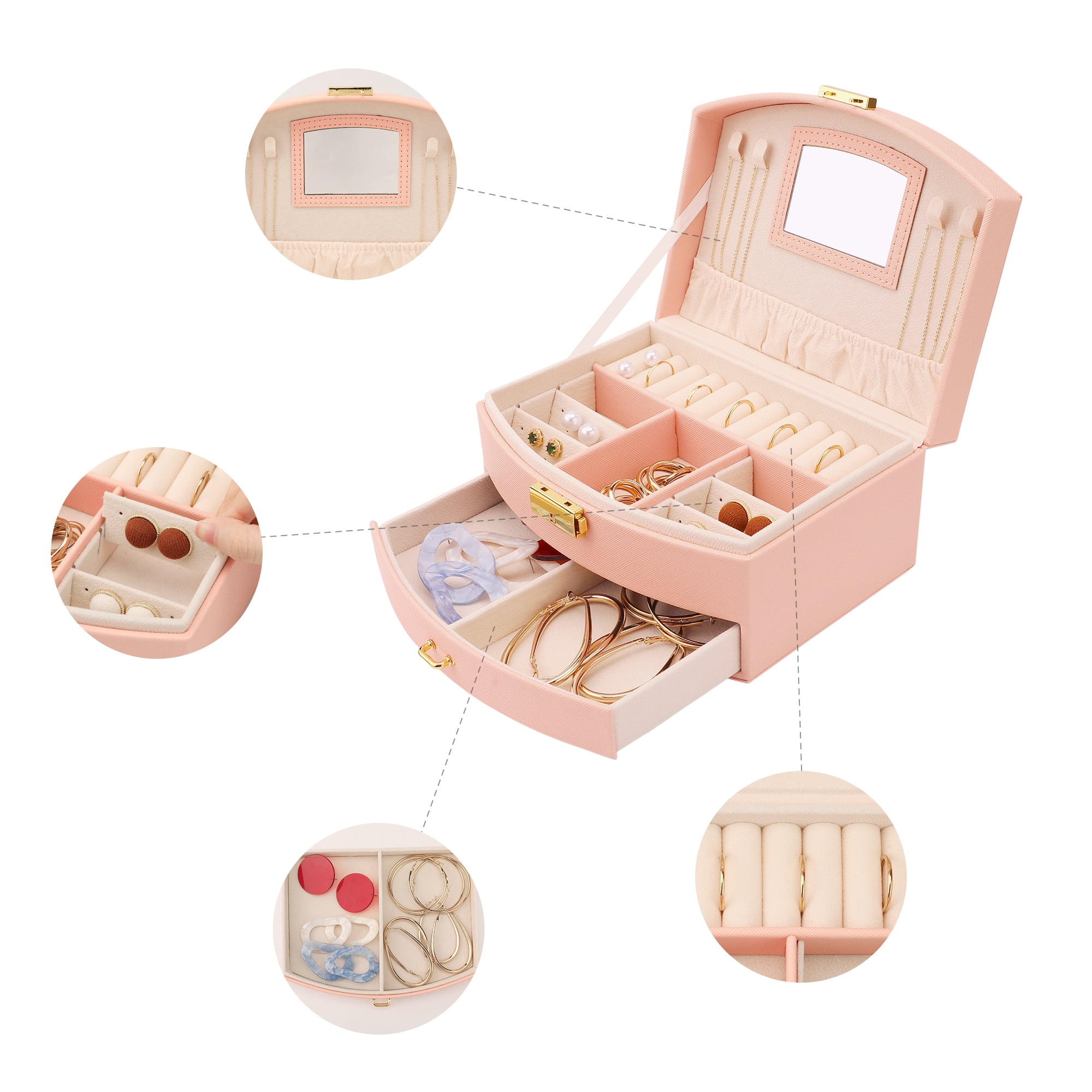 Unique Bargains 2 Layer Jewelry Box with Mirror PU Leather Removable Jewelry Tray Orange