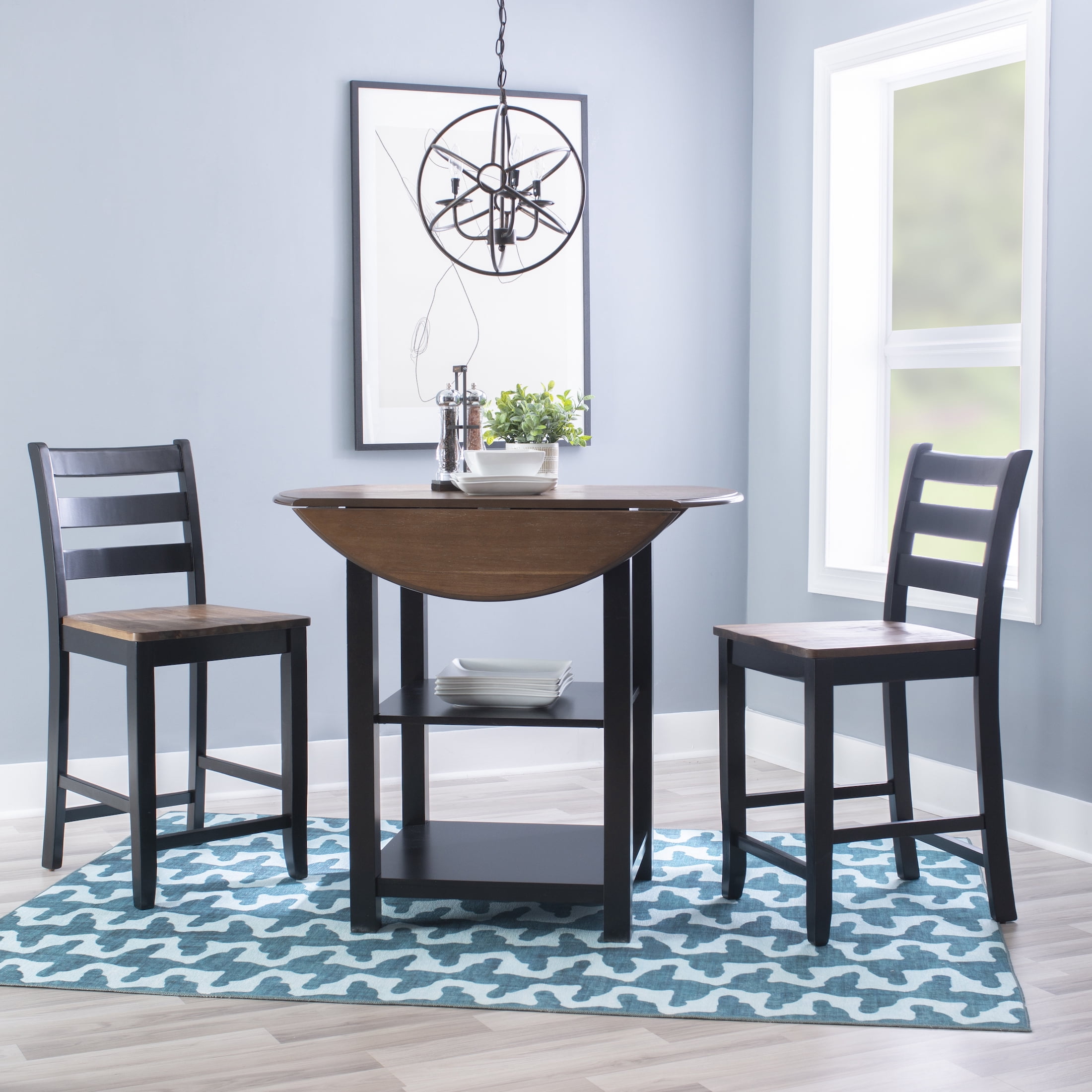 Colm 3-Piece Counter Height Dining Set, Black and Wire Brushed Oak