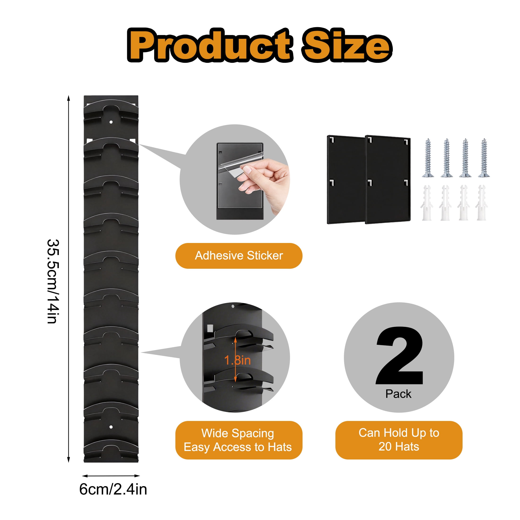 2 Pack Hat Organizer for Baseball Caps, Wall Mounted Cap Holder, No Drill Adhesive Hat Rack Organizer for Door, Closet