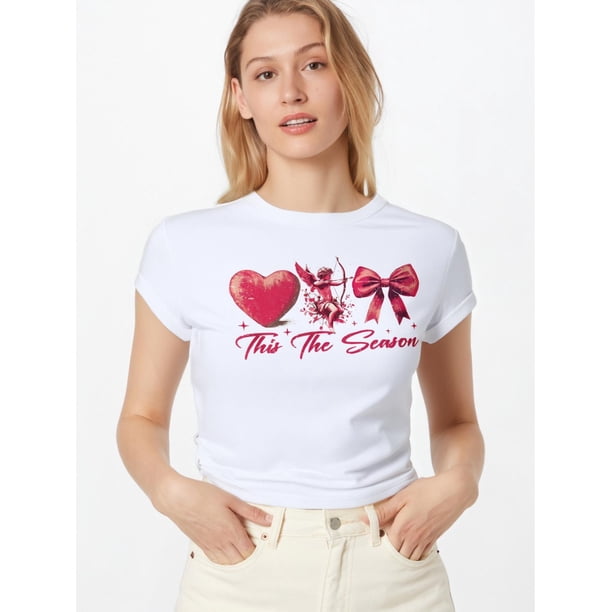 Women'S Valentine'S Day Casual T-Shirt, Polyester 95% Elastane 5%, Crew Neck, Short Sleeve, Slight Stretch, 180gsm, Knit Fabric, Love Cupid Bow Print, All Season Tee Tee For Adult, Men, Women, Teen,