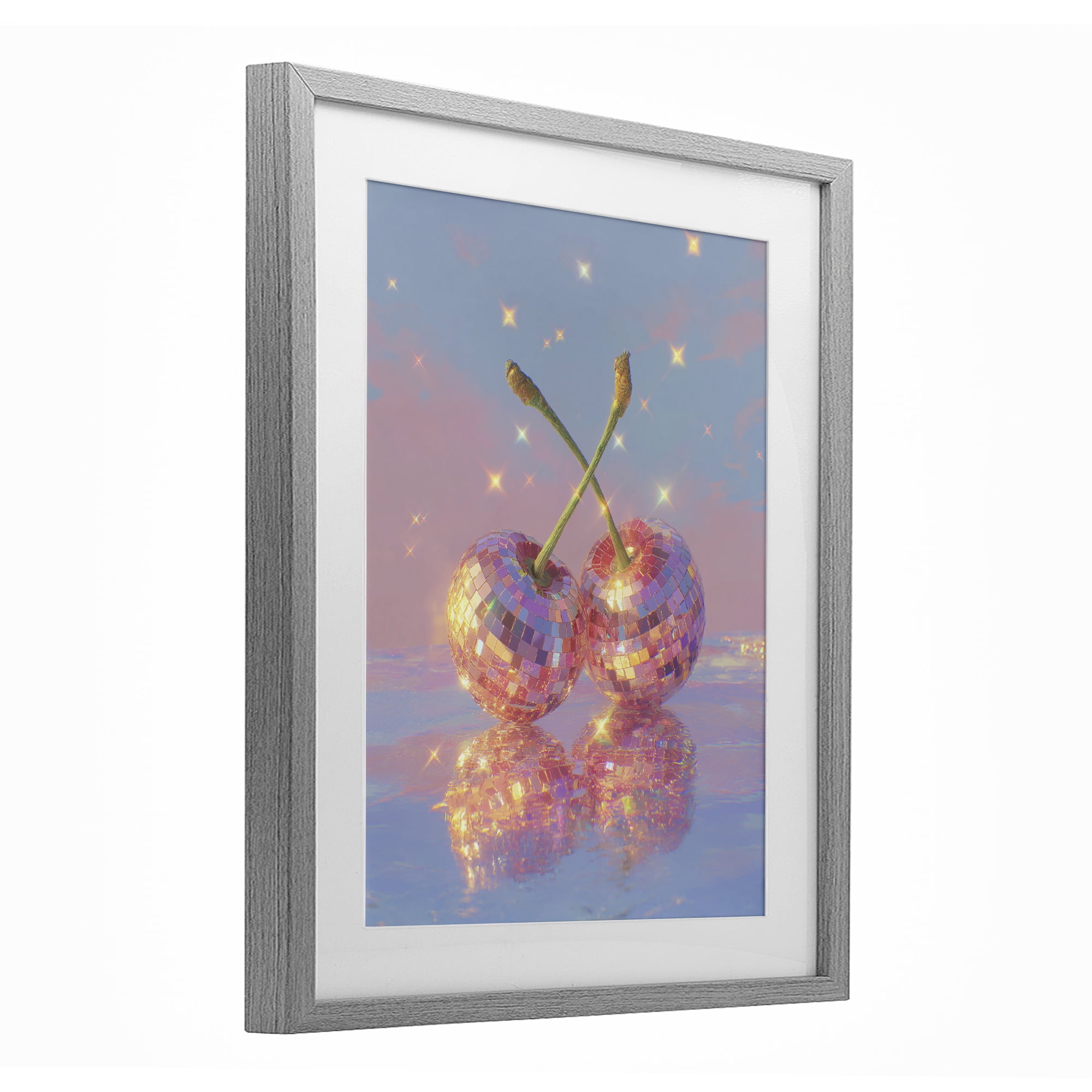 Disco Cherry Reflection Gray Framed Print Under Glass, design by Ziwei Li