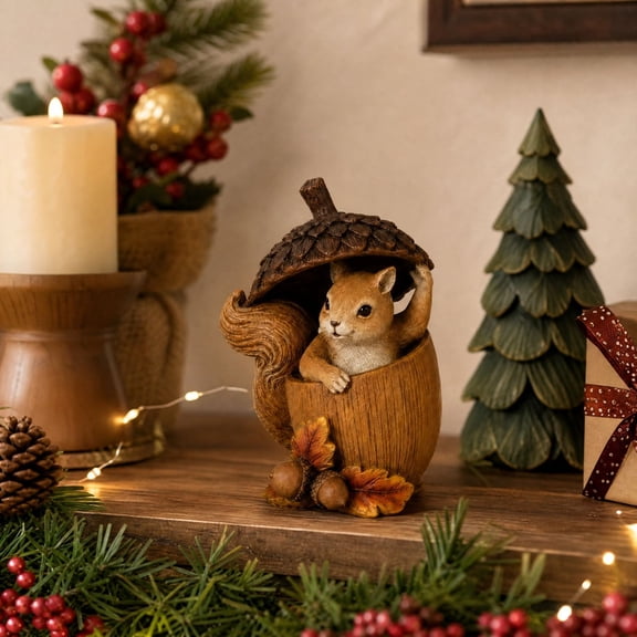 Pinecone Woodland Animal Figurine, Brown Acorn Hat Forest Animal Statue, 6in Resin Fall and Christmas Tabletop Decor for Shelf, Mantel or Gift