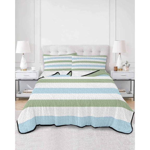 Quilts Twin XL Size, Sage Green Blue Striped Soft Comforter Bedding Set for Bed, Farmhouse Sage Green Stripes Lightweight Quilted Bedspread with Pillow Cover(2 Pieces) for All Season, 68x98 Inch
