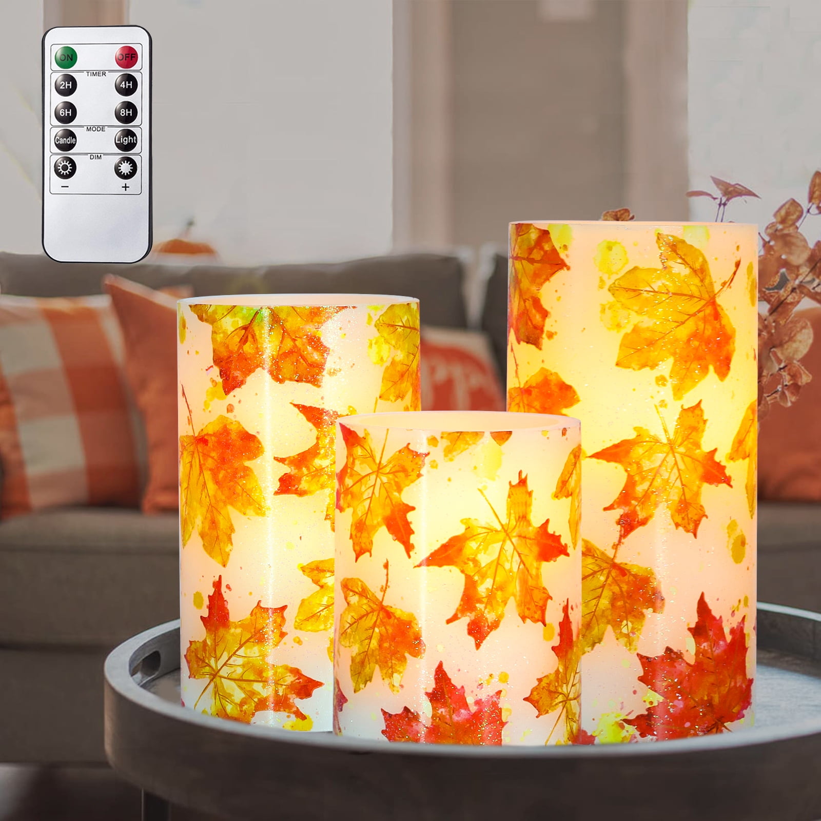 Meltone Fall Flameless Candles, Harvest Maple Leaf Led Pillar Candles with Remote & Timer, Battery Operated Realistic Flickering Candles for Thanksgiving Decorations