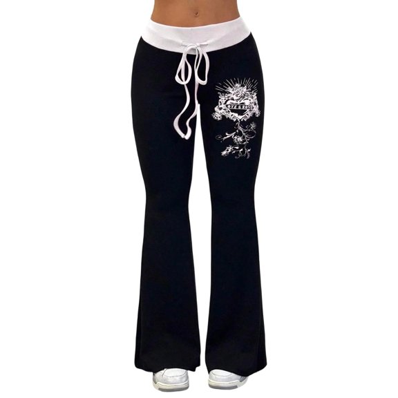 Flare Leggings for Women Floral Print Drawstring Casual Pants With High Waist Stretchy Slim Fit Wide Leg Pants Trousers