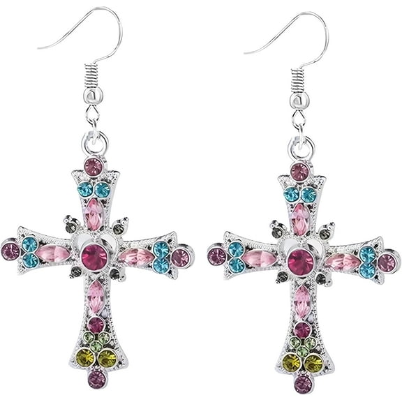 Cross Earrings Dainty Bohemian Colorful Rhinestone Gothic Style Drop Jewelry