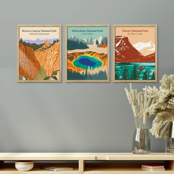 PixonSign Framed Canvas Print Wall Art Set - United States National Parks Posters - Set of 3 Mid-Century Nature Wilderness Landscape Arts Vintage Wall Décor for Living Room - 11"x14" Natural