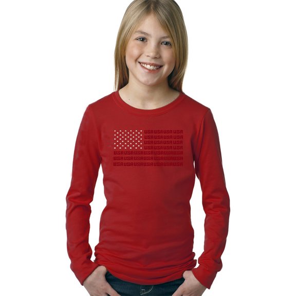 Girl's Word Art Long Sleeve - USA Flag