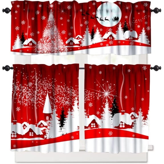Merry Christmas 3 Piece Kitchen Curtains Set,Winter Snowflake Print Window Treatment Tiers Red Rod Pocket Valance Sets for Small Windows Bedroom Living Room 54 x 24 Inch
