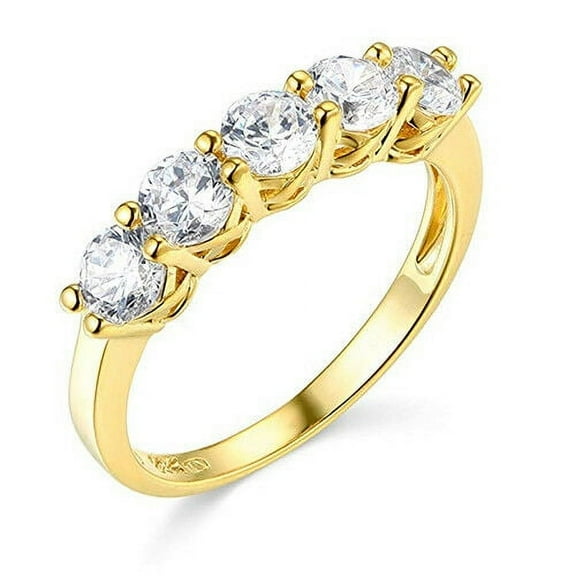 2 Ct Round Solid 14k Yellow Gold 5-Stone Trellis Wedding Anniversary Band Ring