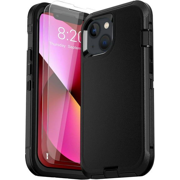 3 in 1 Bundle Designed for Apple iPhone 14 Heavy Duty Case with 2 Clear Tempered Glass, Triple Layer Protection Shockproof Dropproof Dustproof Cover for Apple iPhone 14,Black