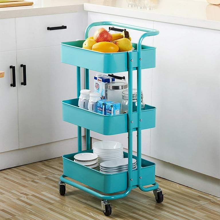Three Tier Blue Utility Cart  Heavy Duty Rolling Cart with Handle