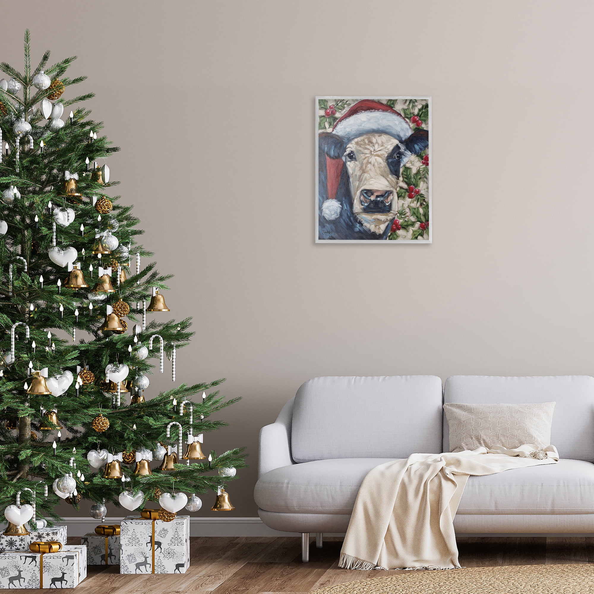 Stupell Industries Cow with Festive Holly Holiday Painting Gray Framed Art Print Wall Art, 24 x 30