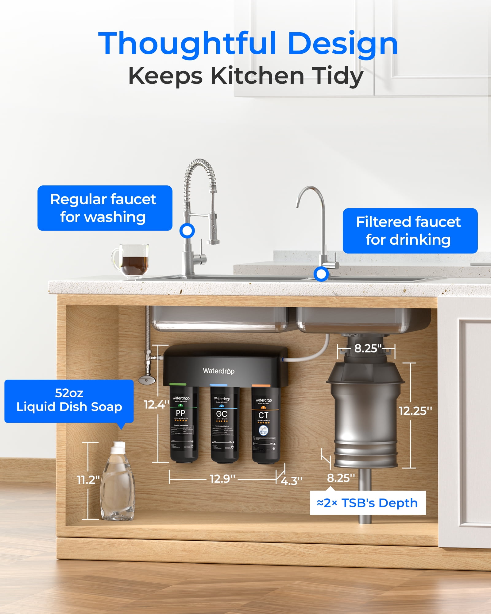Waterdrop TSB 8 Layer Under Sink Water Filter, Reduces PFAS, PFOA/PFOS, Fluoride, Chlorine, Bad Taste & Odor, with Dedicated Faucet, NSF/ANSI 42 Certified Element, USA Tech Water Filtration System