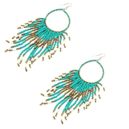 

Veki Bohemian Fringed Long Of Big Beads Pendant Drop Earrings BU Womens Stud Earrings