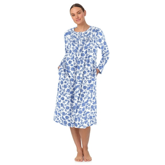 Aria Women’s Long Sleeve Strech Velour 44" Sleepwear Gown with Braided Trim, Sizes XS-5X