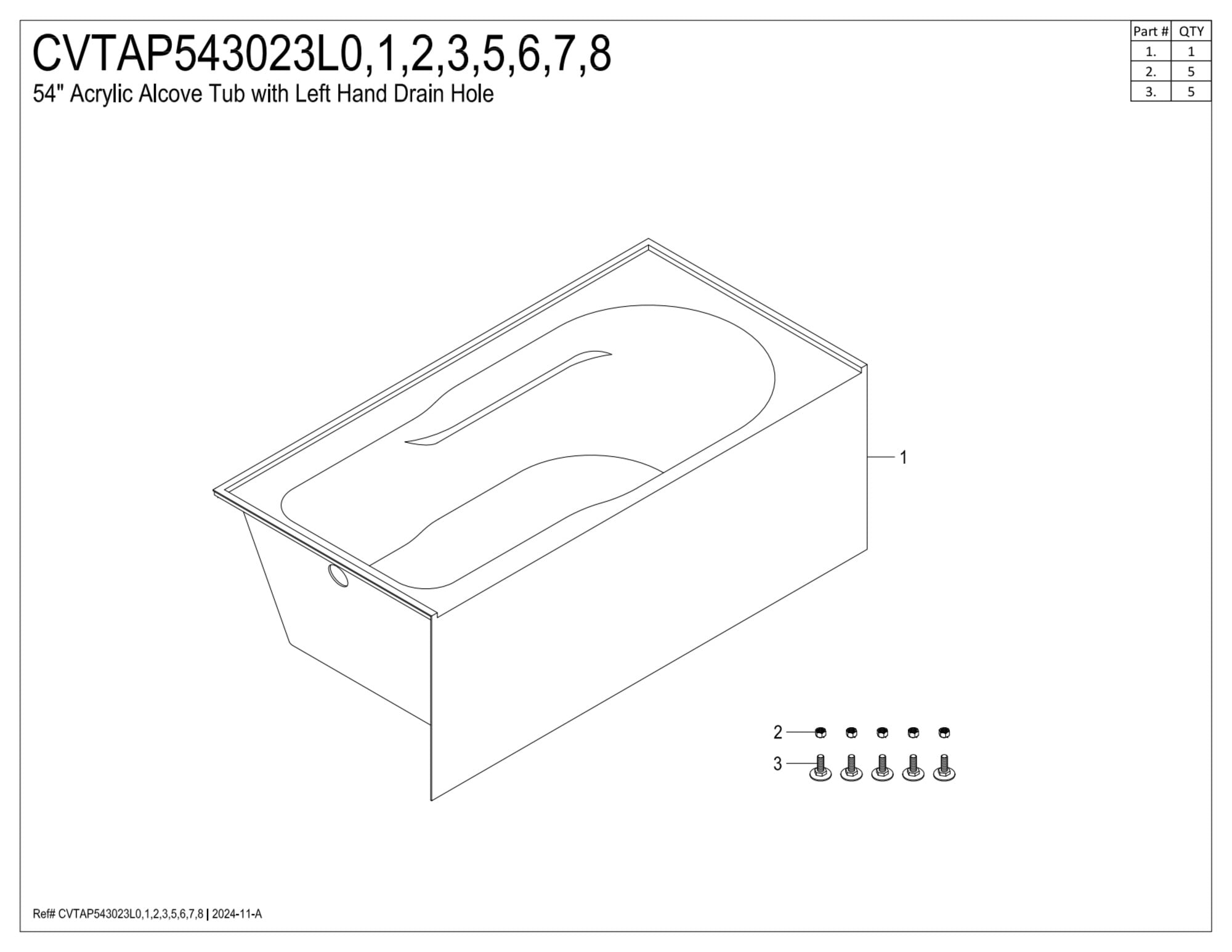 Aqua Eden CVTAP543023L8 54" Acrylic Rectangular 3-Wall Alcove Tub with Armrests, Left Hand Drain, Glossy White/Brushed Nickel