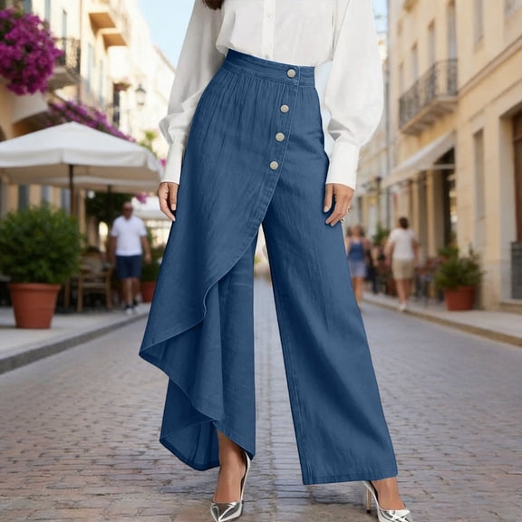 Wrap Pants Women Button Up High Waisted Wide Leg Flowy Pant Side Split Slit Pants with Skirt Overlay Straight Leg Trousers