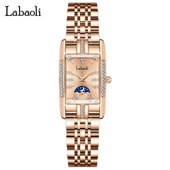 EXPLOJOY Women's Square Quartz Watch – Waterproof Stainless Steel with Diamonds and Moon Phase Display