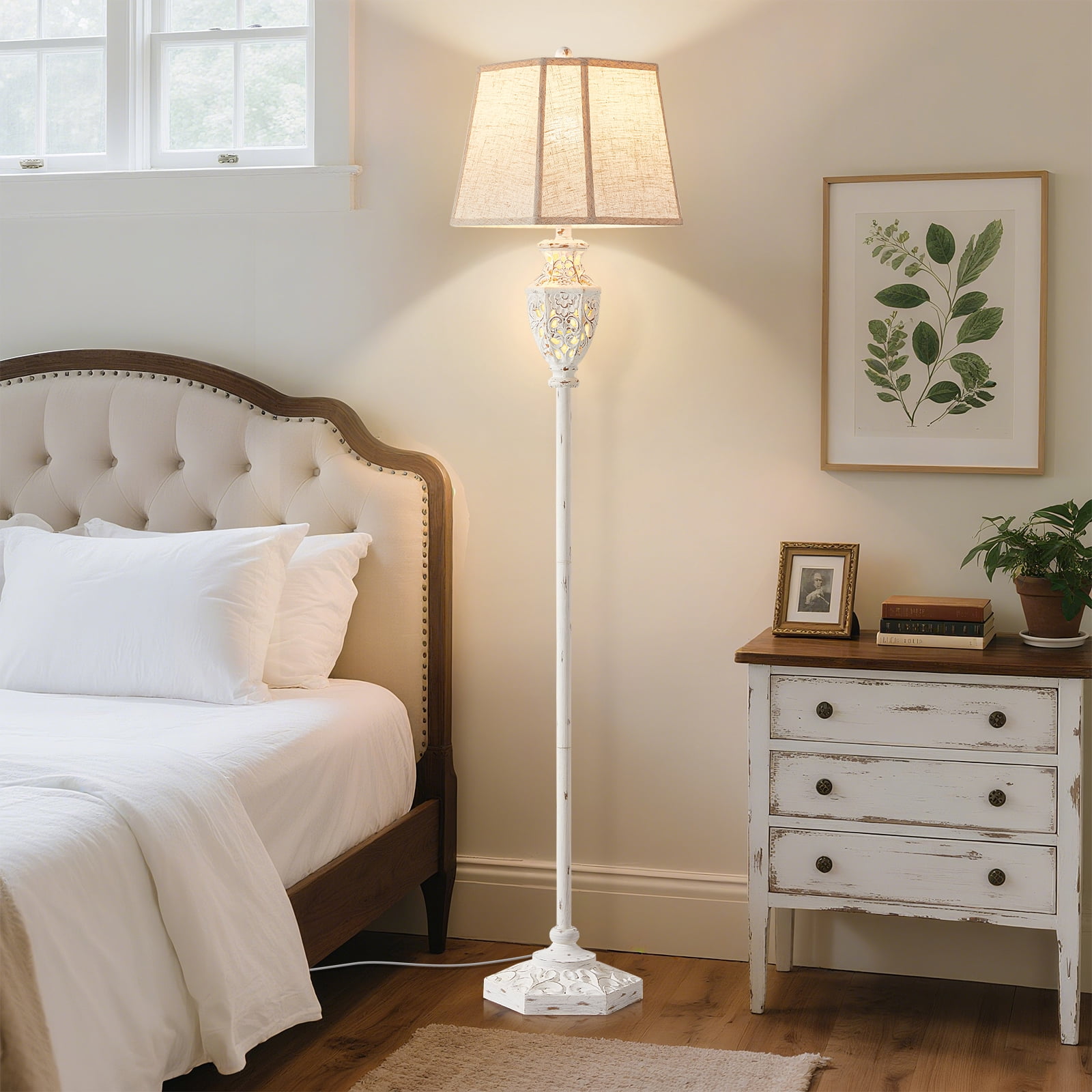 NATYSWAN Vintage Floor Lamp,Resin Tall Standing Lamp with 6-Sided Carved Hollow Nightlight,63in Reading Lamps for Living Room, Bedroom
