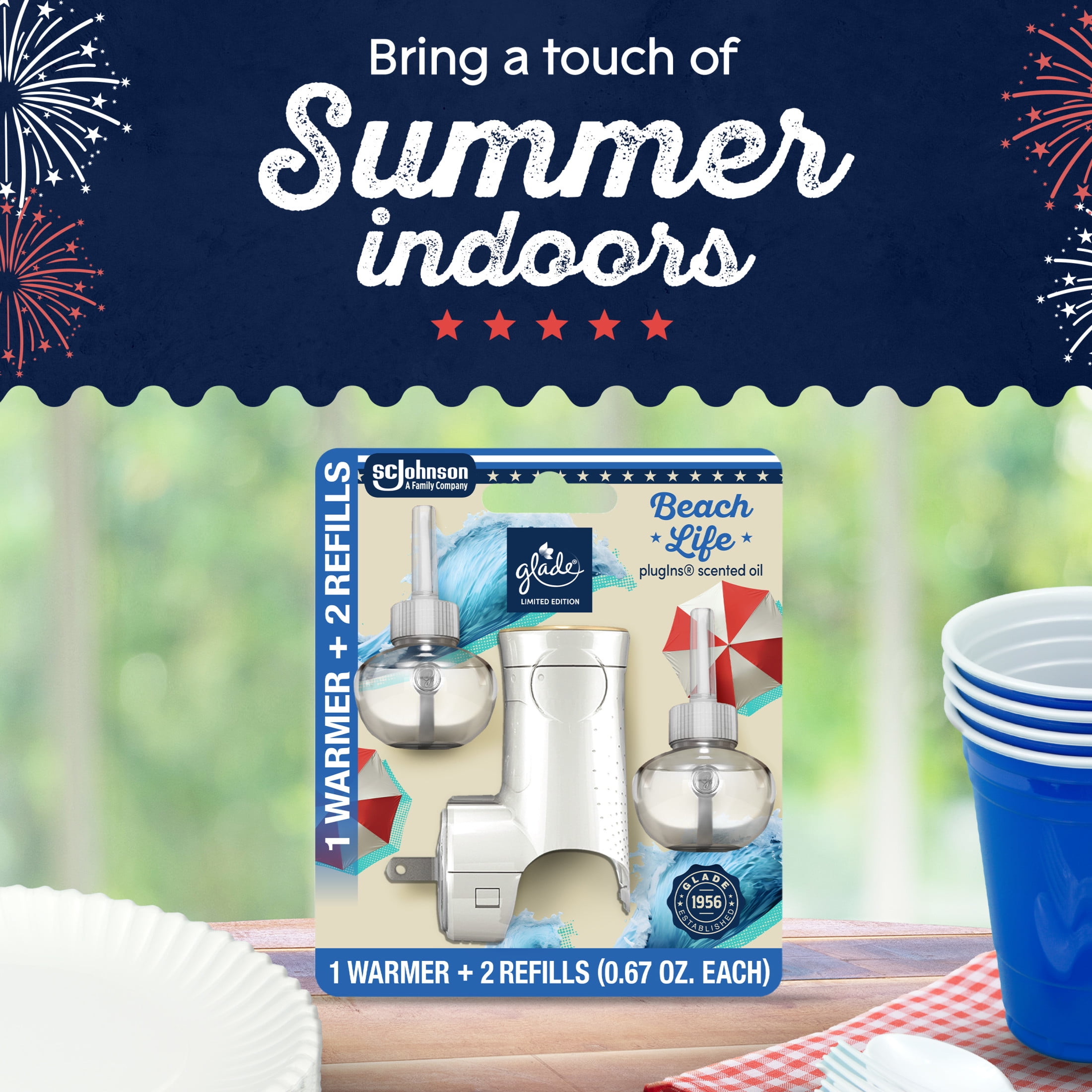 Glade PlugIns Refills Air Freshener Starter Kit, Beach Life, 1.34 Fl oz., 1 Warmer + 2 Refills