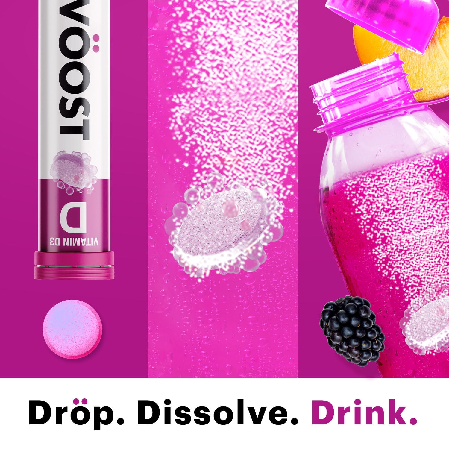 Voost Vitamin D Vitamin Supplement, Effervescent Vitamin Drink Tablet, Blackberry Peach, 20 Ct