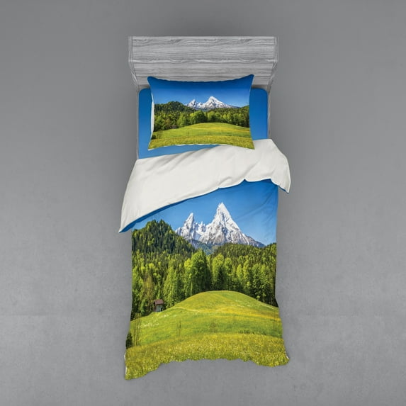 Ambesonne Scenery Bedding Set 3 Pcs, Bavarian Alps Village, Twin XL, Forest Green Fern Green