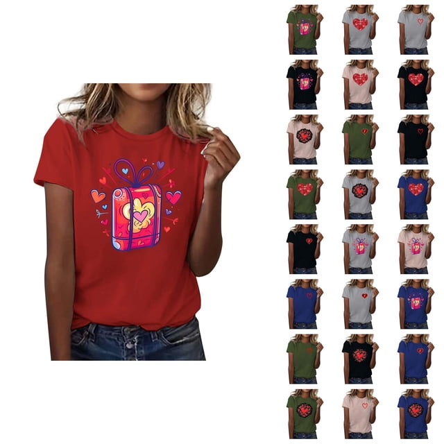 T-shirts de la Saint-Valentin pour Femmes 2026 à Manches Courtes Col Rond avec Cœur Graphique