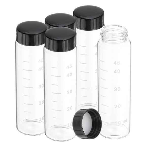 Uxcell Small Glass Sample Bottles with Lids, 5 pcs 50ml Clear Glass Vials with Black Screw Caps Mini Leak Proof Reagent Sealed Bottles with Scale for Solid Liquid Powder Storage