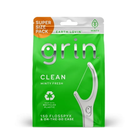 GRIN Clean Flosspyx, Floss Picks, 150 Count, Dental Flossers, Minty Flavor, Recycled Plastic, Super Strong Fine Floss, Tight Teeth, Premium Longer Floss Head, Includes Safe Fold-Back Tooth Pick