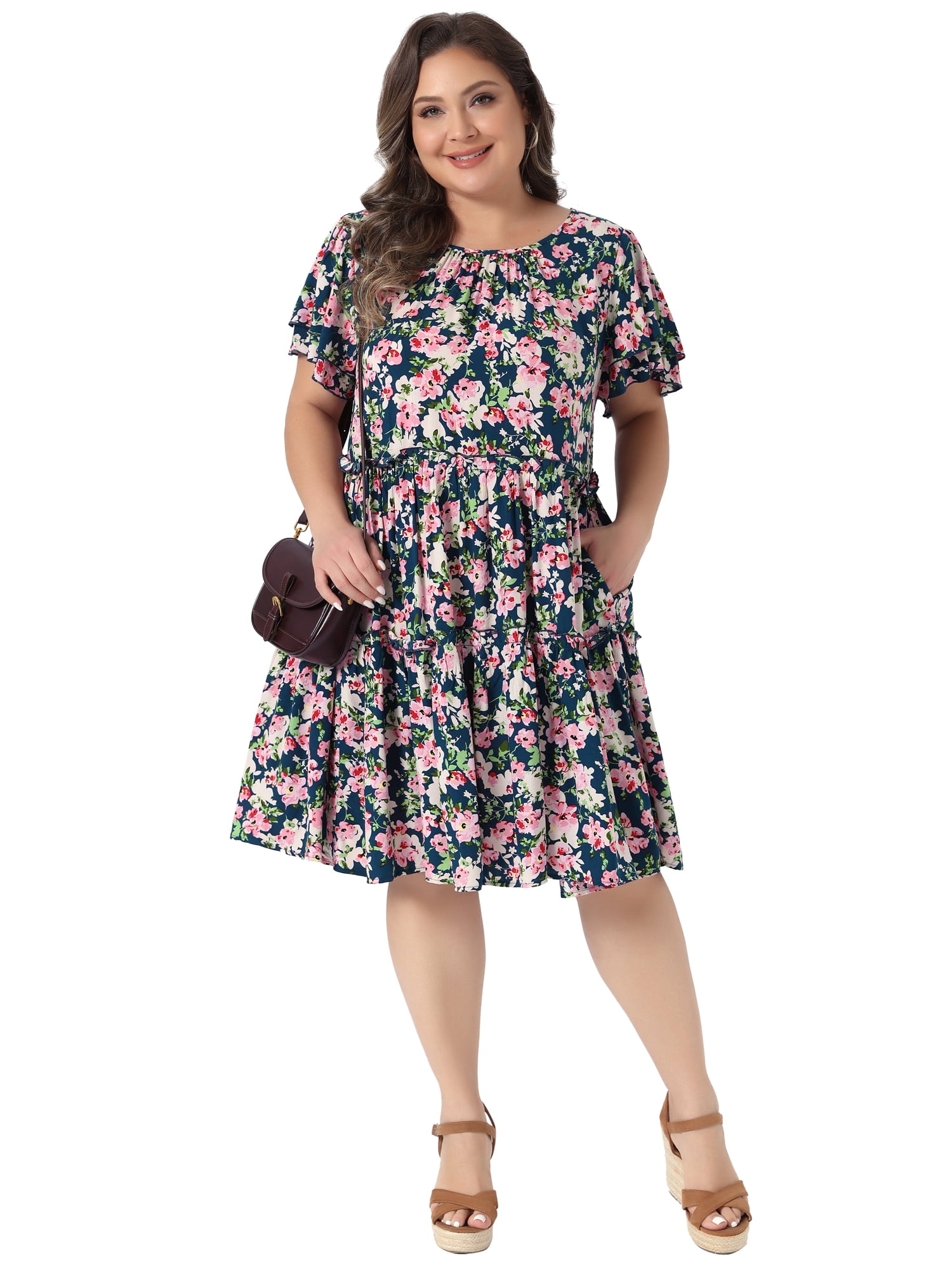 DARING DIVA Women's Plus Crew Neck and Ruffle Short Sleeves Floral Dress 3X Navy Blue