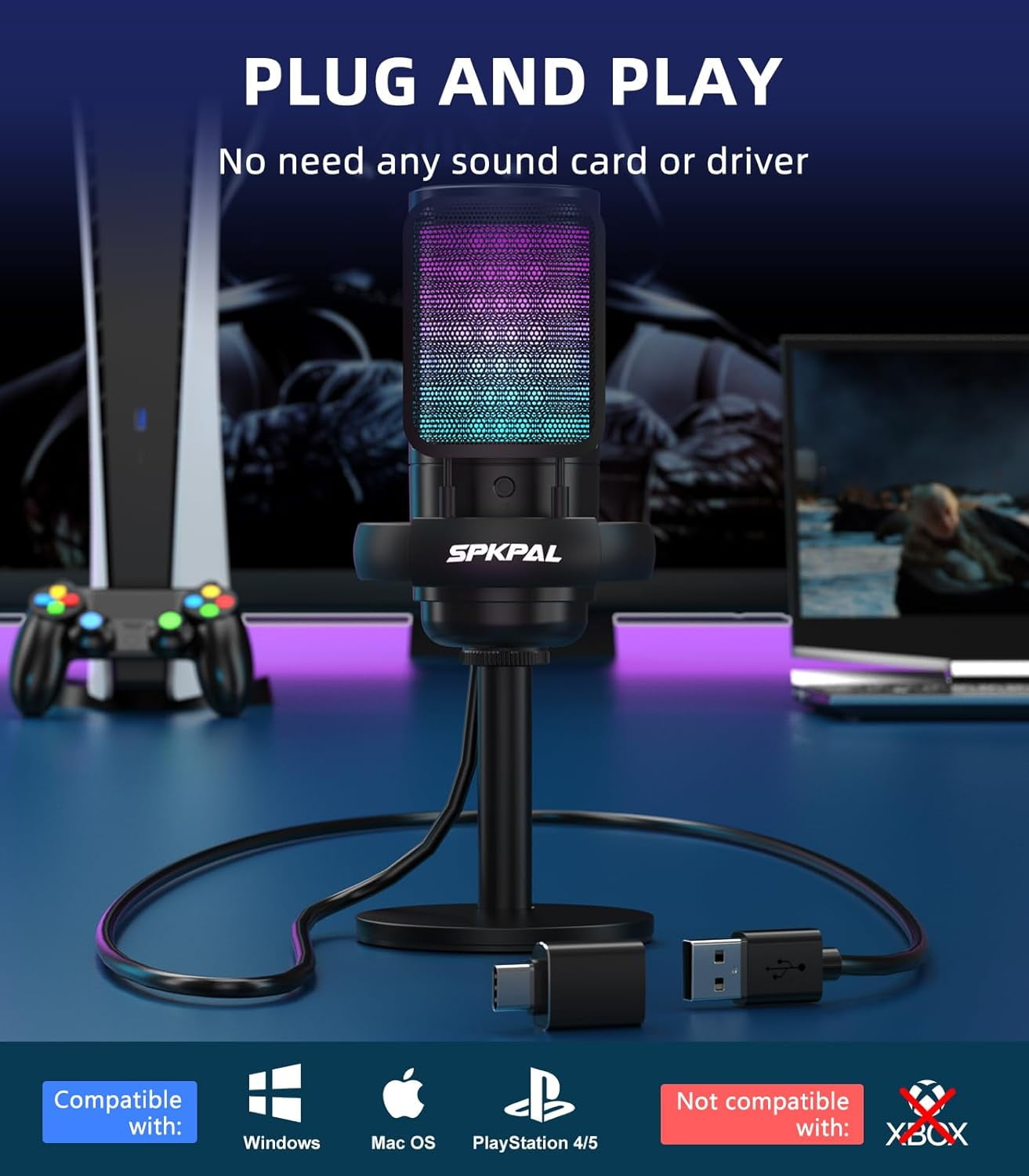 SPKPAL USB Microphone for PC, Gaming Microphone with RGB Light, Mute Button, Gain Knob,Headphones Jack for Streaming, Recording, Chat