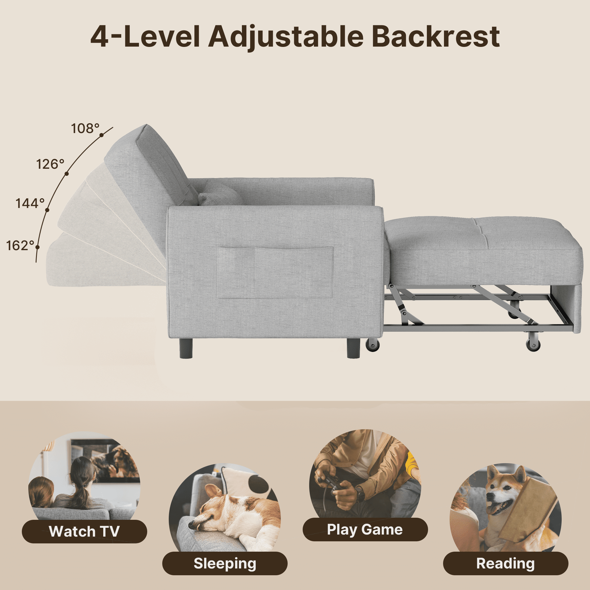 Sofa Bed Chair Convertible, Sleeper Sofa with Pull-Out Bed, 3-in-1 Futon Couch with Reclining Backrest and Side Pocket, Light Grey