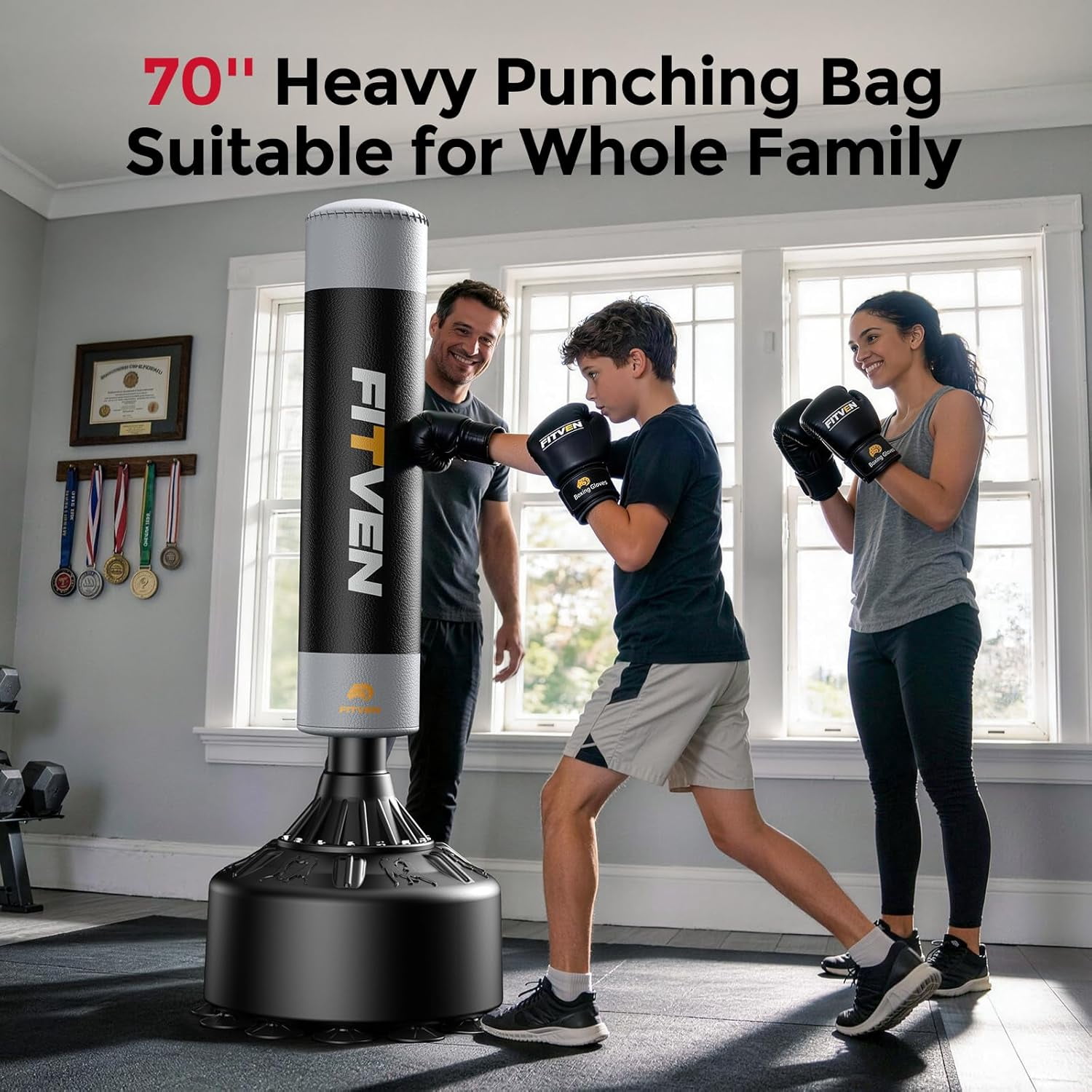 UPGO Freestanding Punching Bag with Boxing Gloves Heavy Boxing Bag with Suction Cup Base - Men Stand Kickboxing Bag, Integrated Sandbag