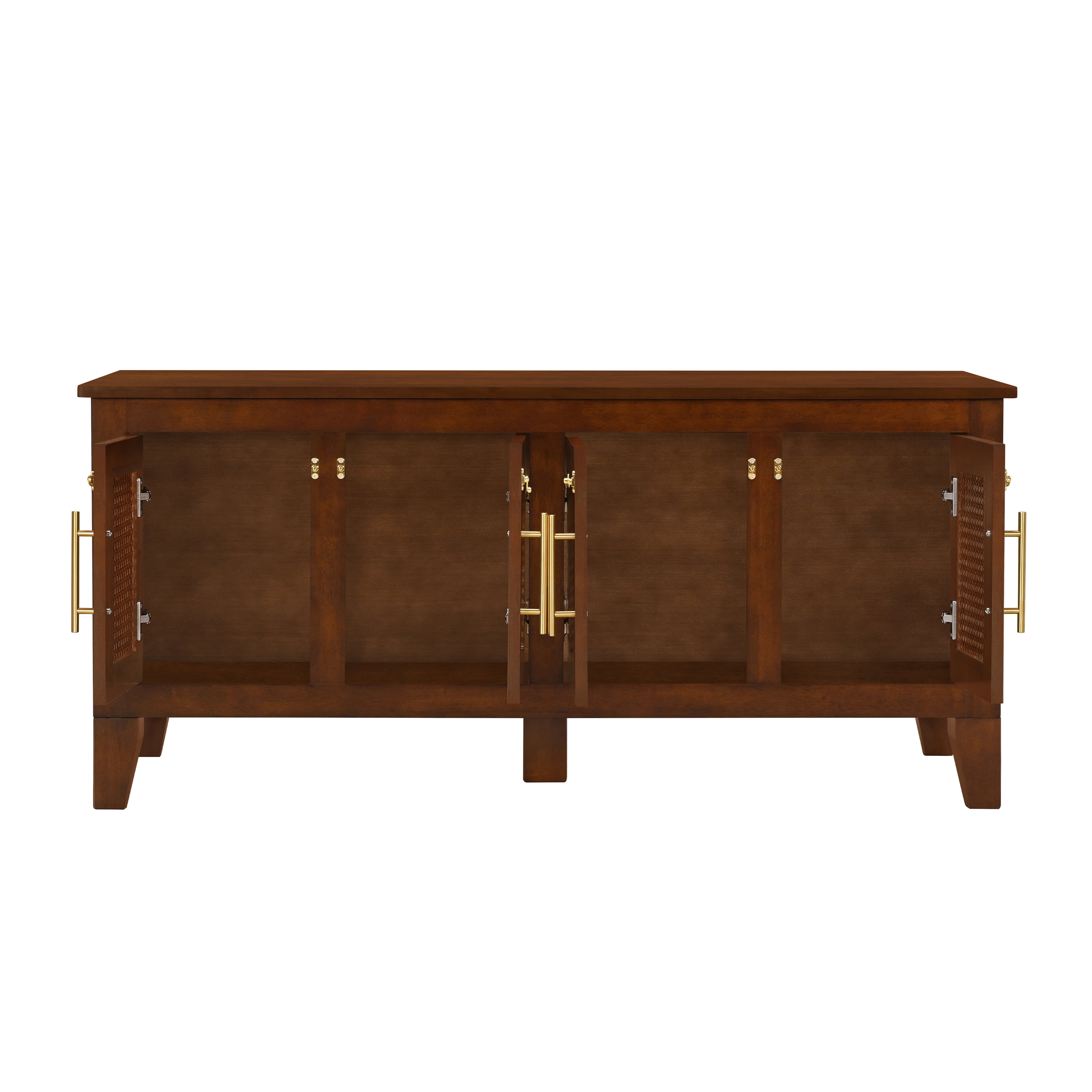 Indoor Rattan Decorated Rubber Wood Dog Crate Cabinet Furniture, Stylish Pet Kennel with 4 Doors for Living Room
