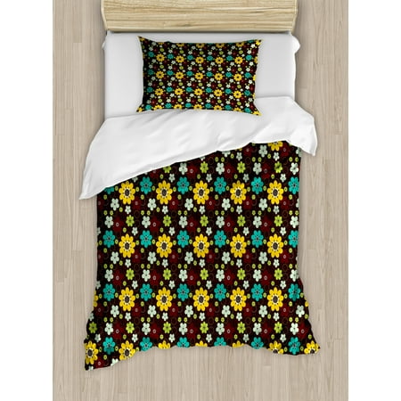 Twin Daisy Flowers Chocolate Twin Size Duvet Cover Set, Tiny Circles Background with Colorful Daisy Flowers Abstract Nature Illustration, Decorative 2 Piece Bedding Set with 1 Pillow Sham, Multicolor, by Ambesonne ()