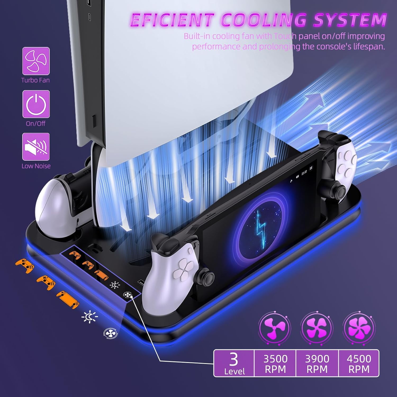 Charging Dock for PS 5 Portal,For PS5 Controller Charger Base for PS5/ Slim Stand with Cooling Station for PS5 Console Disc/Digital Edition,For PS5 /  Slim Accessories with 3 Level Cooling Fan