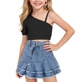 thumbnail image 2 of Kids Girls Sets Crew Neck Short Sleeves T-Shirt Tops And Pleated Elastic Waist Denim Skirt Outfits Bow Decoration Loose Casual Daily Clothes Summer Age 2-7 Years Black 4-5Years, 2 of 7