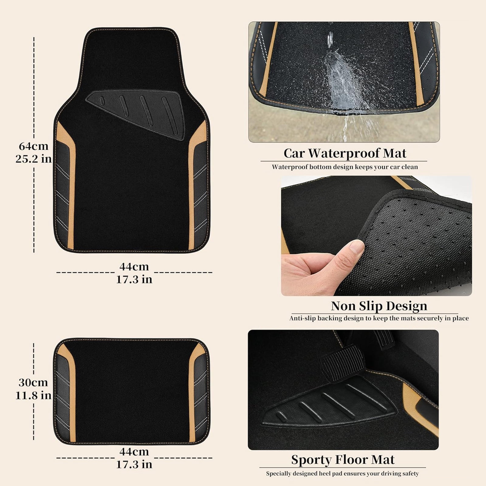 CAR GRAND Leather Steering Wheel Cover and Waterproof Carpet Car Floor Mats,Universal Fit Combo Pack Sedan,SUV,Cars, 14.5" to 15" Sporty Anti-Slip Beige