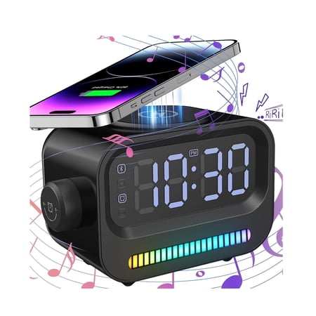 Alarm Clock with Wireless Charging, 3 in 1 Bluetooth Speaker, Digital Alarm Clock with RGB Light Clock and Speaker, LED Large Display Digital Alarm Clock for Teens Girls Boys (Black)