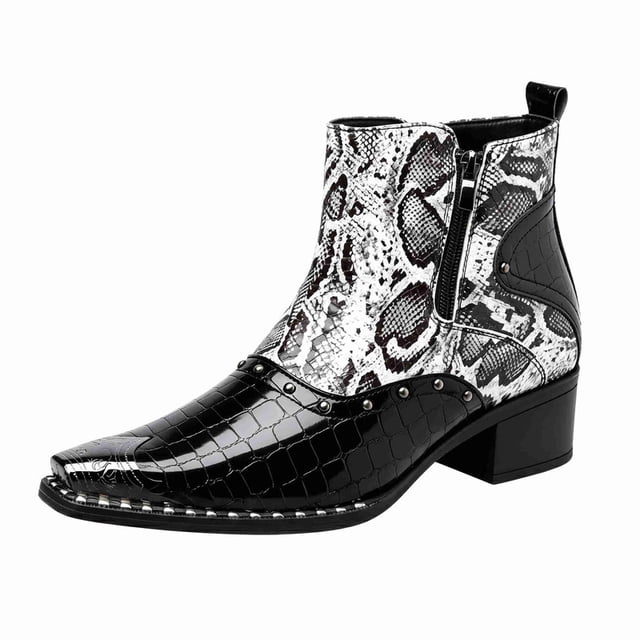Men's Snake Print Chelsea Boots with Rivet Detail, Pointed Toe, Side Zipper, Chunky Heel, Fashionable High-Top Leather Boots for Spring 2026