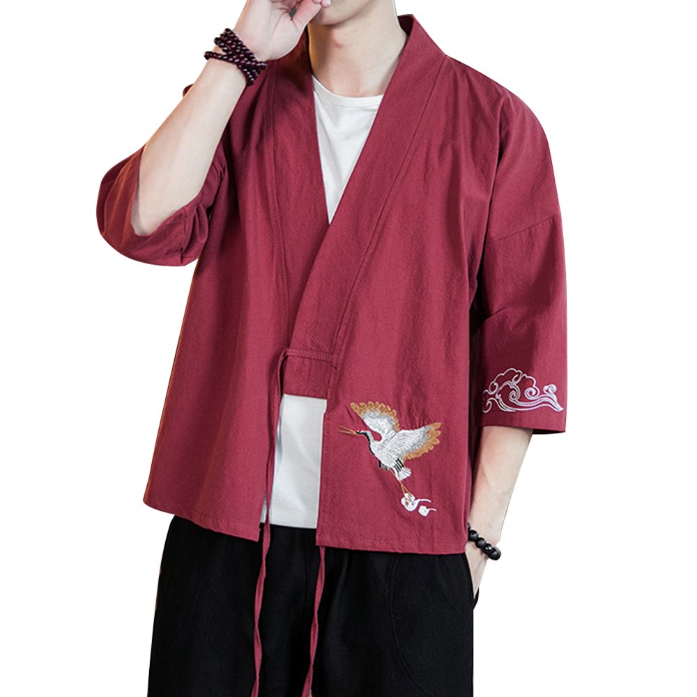 Men's Archaistic Embroidery Long Sleeve Cotton Kimono Cardigan