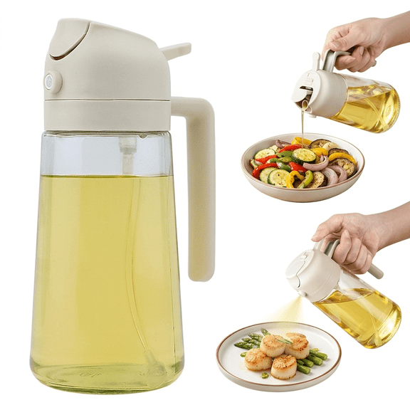 ROSEXIXI Olive Oil Dispenser Bottle 20.3oz 2 In 1 Spray and Pour Leak Proof Glass with Handle for Cooking