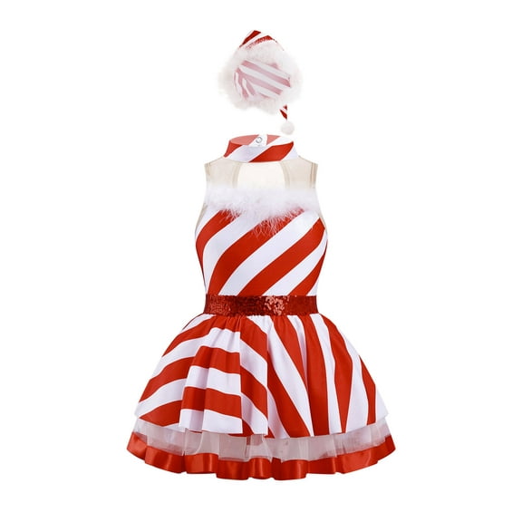 iiniim Girls Sequins Striped Sleeveless Figure Skating Tutu Dress for Christmas Party Dance Performance Red 14