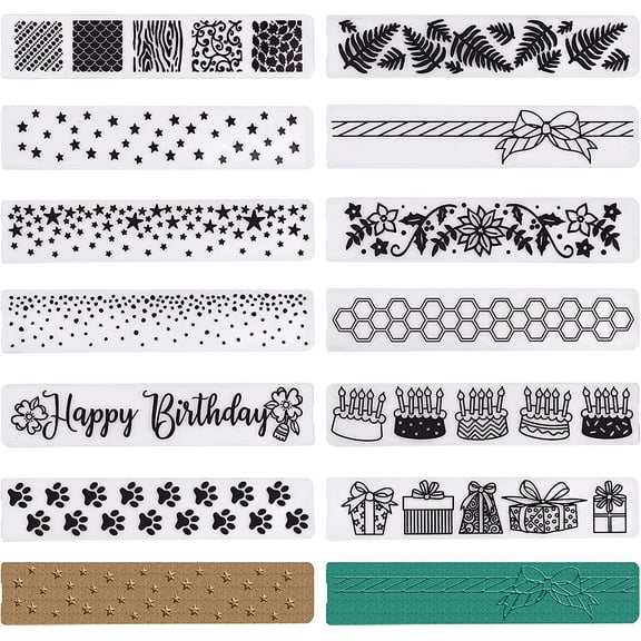12Pcs 12 Patterns Plastic Fondant Stencil Cake Baking Embossing Decoration Mold Cake Fondant Stencil Templates Crafts Mixed Patterns 15x3x0.3cm 1pc/pattern