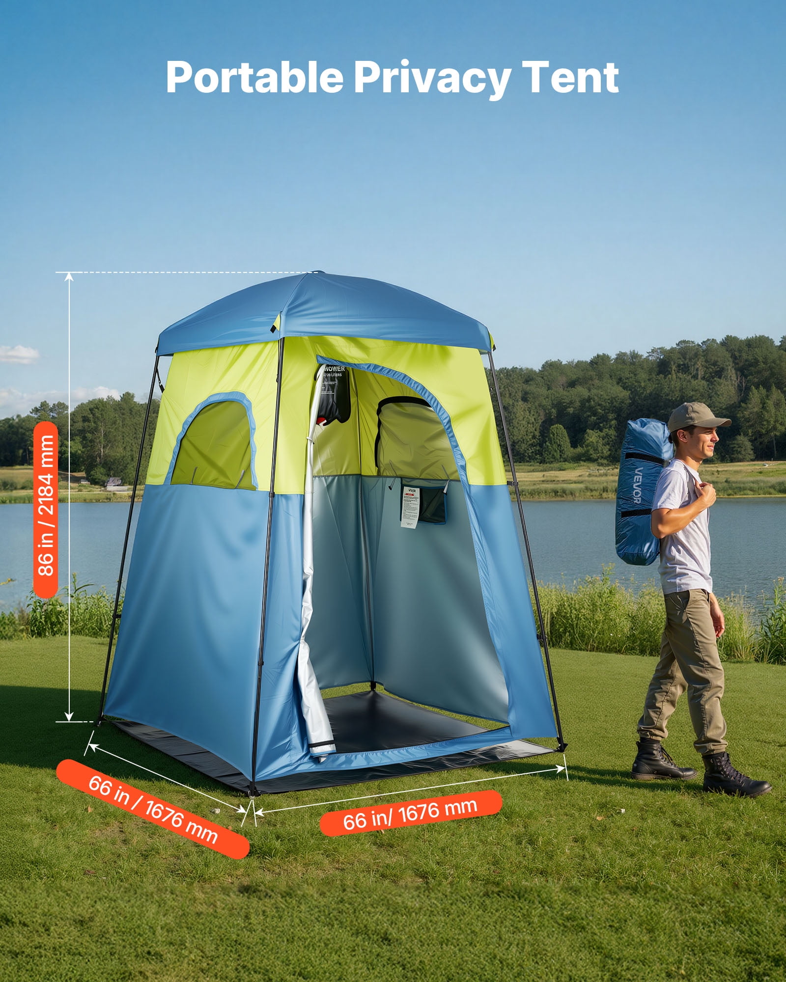 VEVOR Camping Shower Tent, 1 Room, Portable Privacy Tent Changing Room with Shower Bag, Ground Stakes, Ropes, Carry Bag, and Support Poles, 150D Oxford Fabric with Silver Coating, for Camping