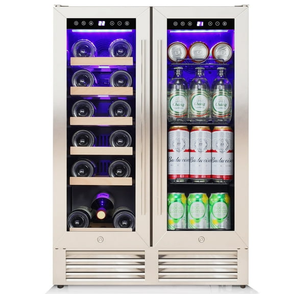 KNDKO 24" Dual Zone Wine & Beverage Refrigerator with Glass Door Hold 18 Bottles and 56 Can, Freestanding/Built-In Wine Fridge for Home/Office