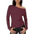 thumbnail image 2 of ClodeEU Women's Asymmetric Shoulder Pleated Long-Sleeve Slim Fit Tshirt ,Boat Neck Off Shoulder Blouse Tops Wine,Womens Plus L, 2 of 7