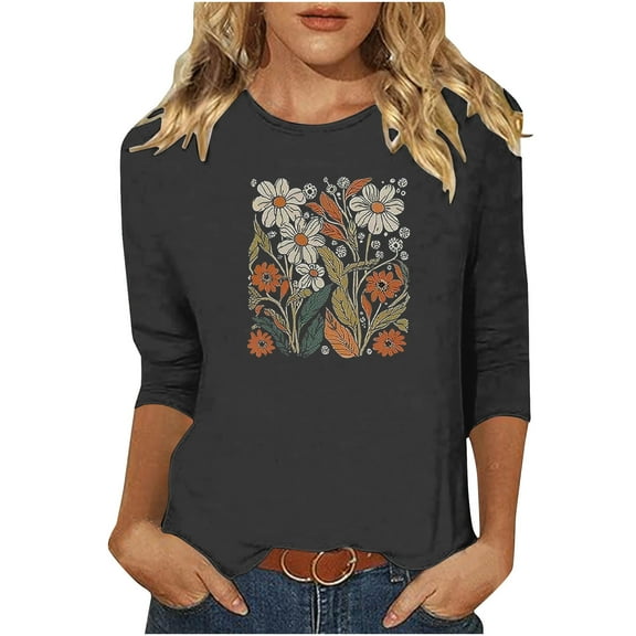 Ruimatai Women's Easter Printed 3/4 Sleeve T-Shirt Round Neck Loose Fit Casual Comfortable Soft Lightweight Blouse Top for Daily Wear